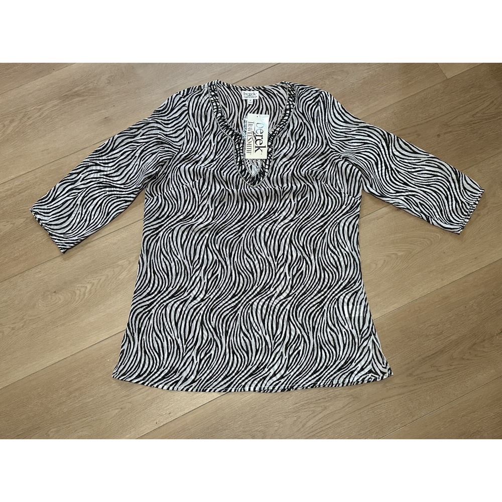 Berek Travelsmith Sheer Top Womens Medium Black White Floral Hand Sewn Beads New